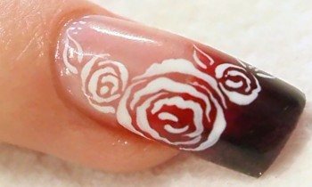 Black and Red Acrylic Nail with White Roses Tutorial Video by Naio Nails