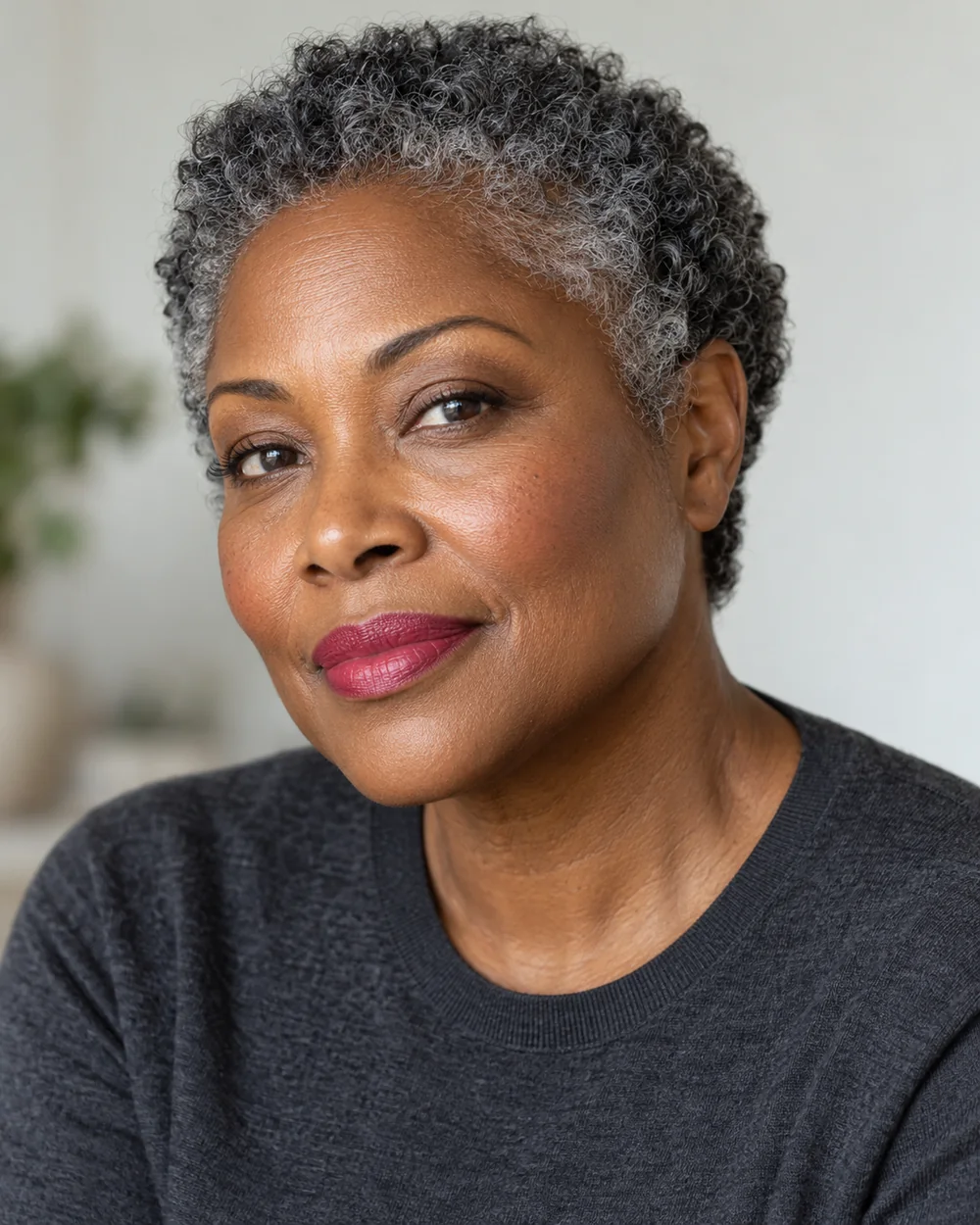 Fictional mature Black adult with short silver-flecked curls and raspberry lipstick with a softly defined edge.