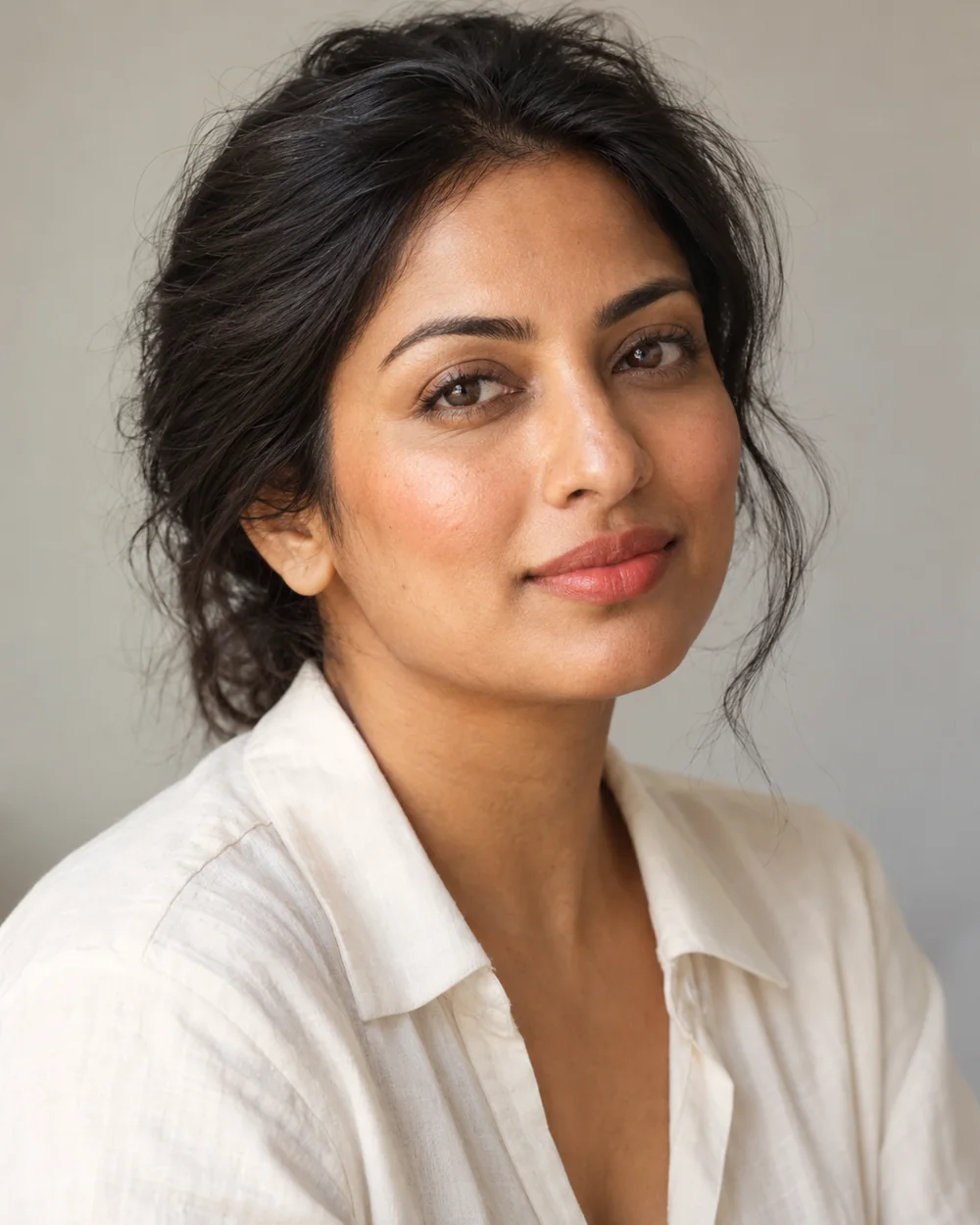 Fictional South Asian adult with dark hair, warm coral lipstick, quiet brown eye makeup and an ivory shirt.