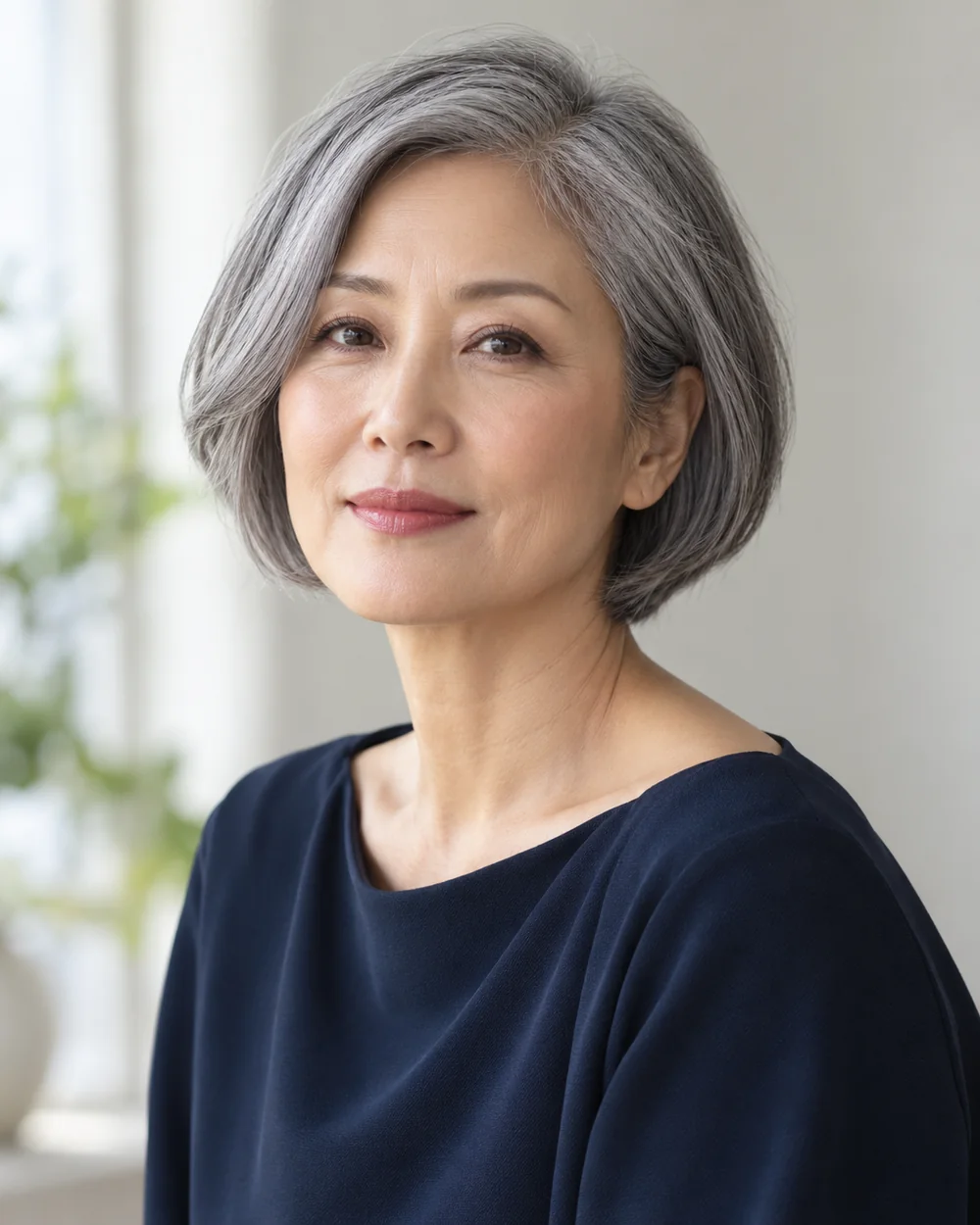 Fictional mature East Asian adult with a grey bob and restrained rose-pearl lipstick.
