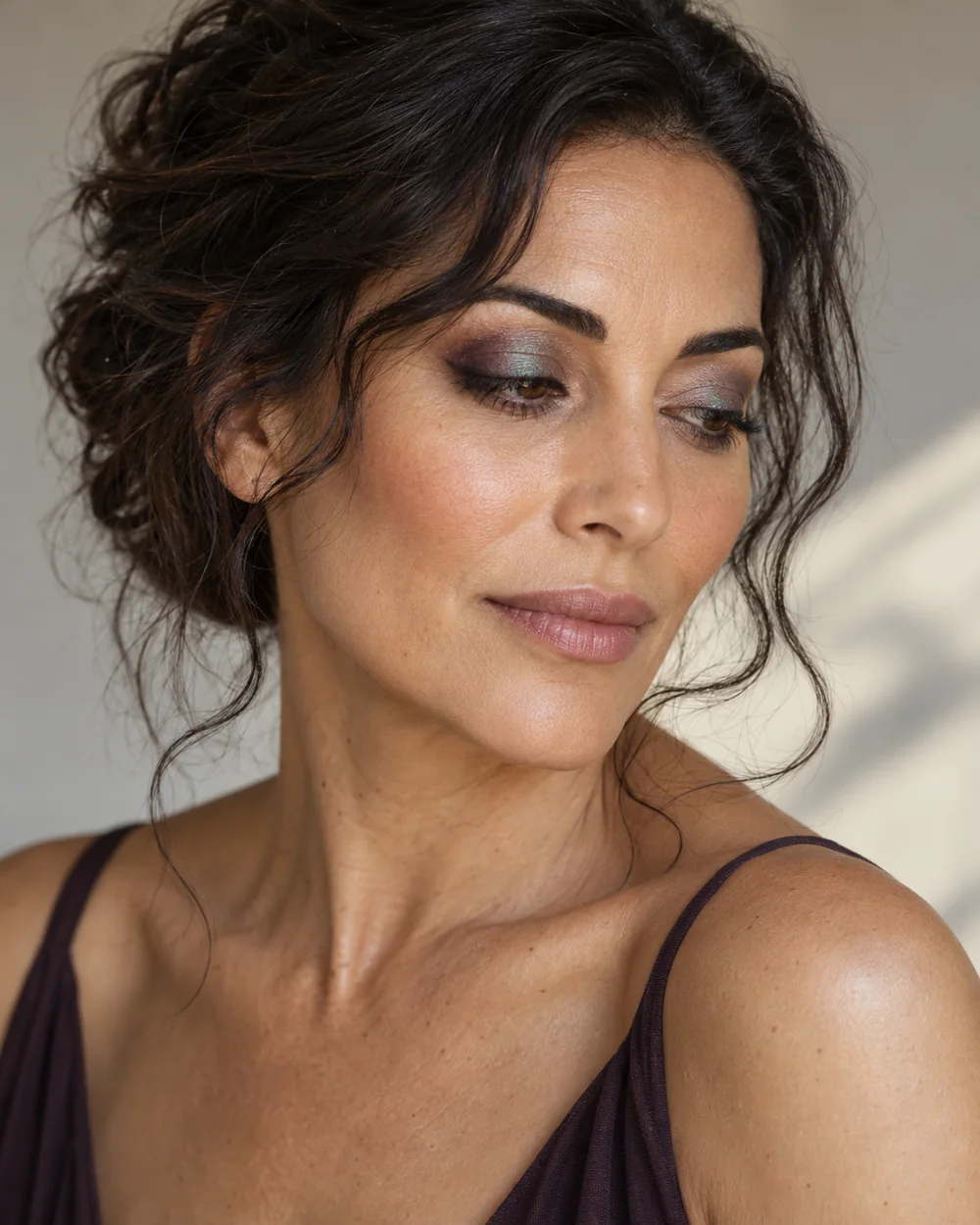 Fictional adult with olive skin and a softly blended teal-plum reflective upper-lid arrangement.