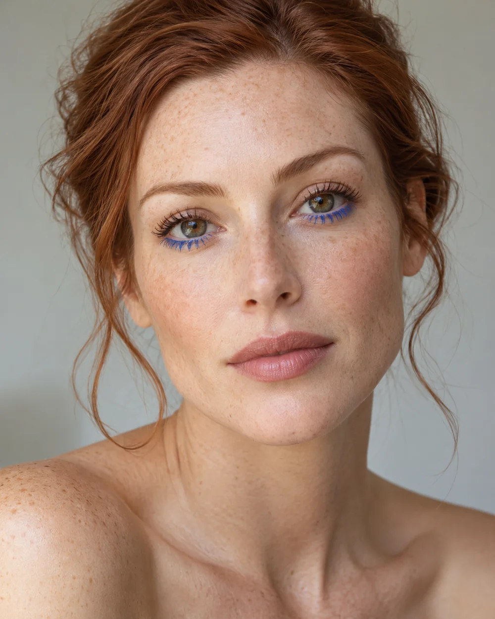 Fictional freckled adult with brown upper lashes and clearly blue lower lashes.