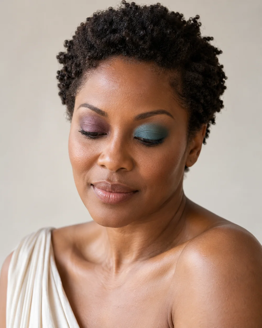 Fictional Black adult with plum shadow on one upper lid and teal on the other.
