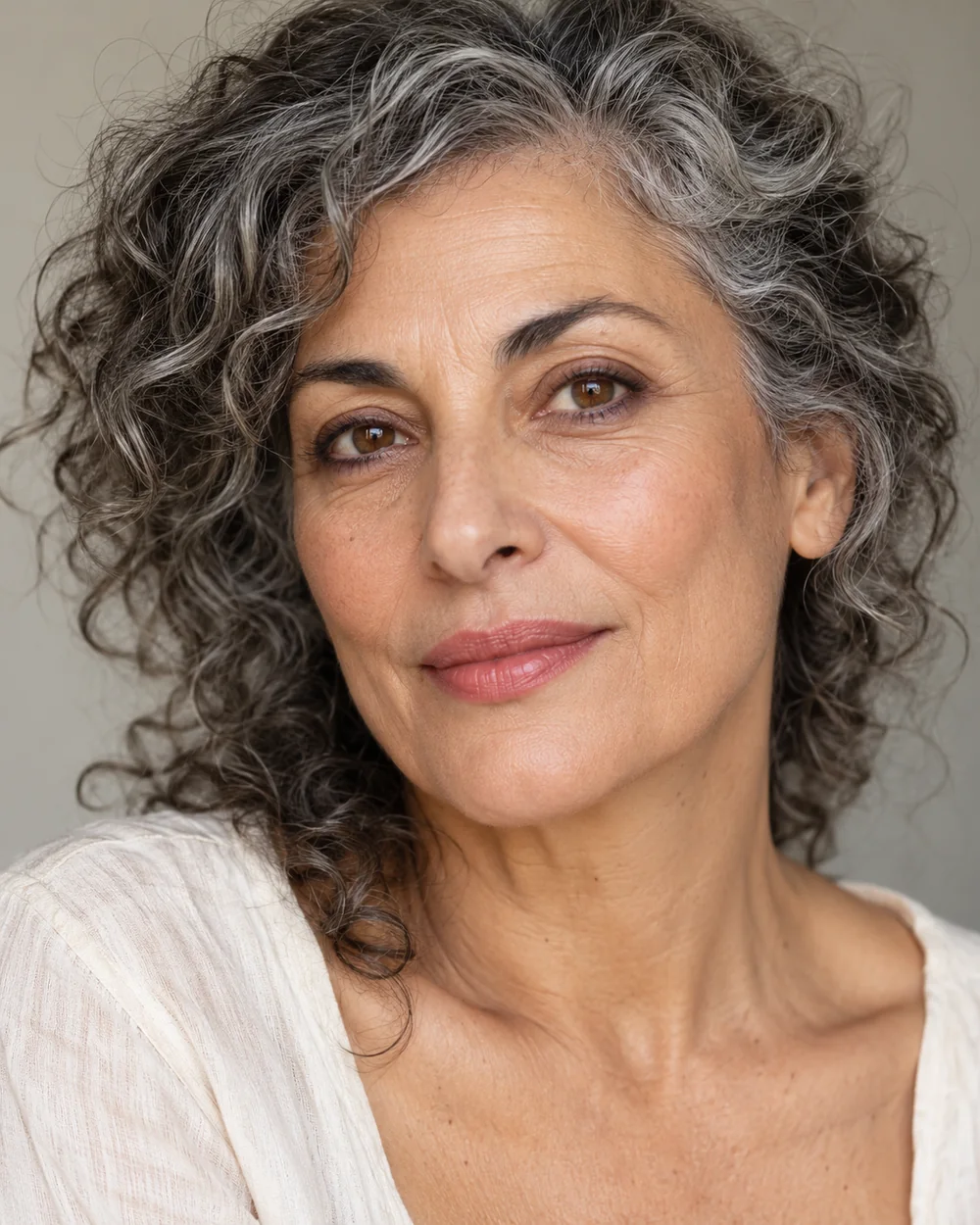 Fictional mature adult with salt-and-pepper curls and narrow brown-plum shadow near the outer lower lashes.