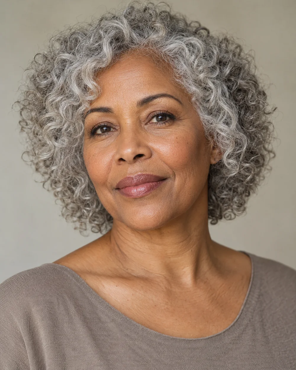 Fictional mature adult with silver curls, a softly satin centre of the face and gentle cheek reflection.