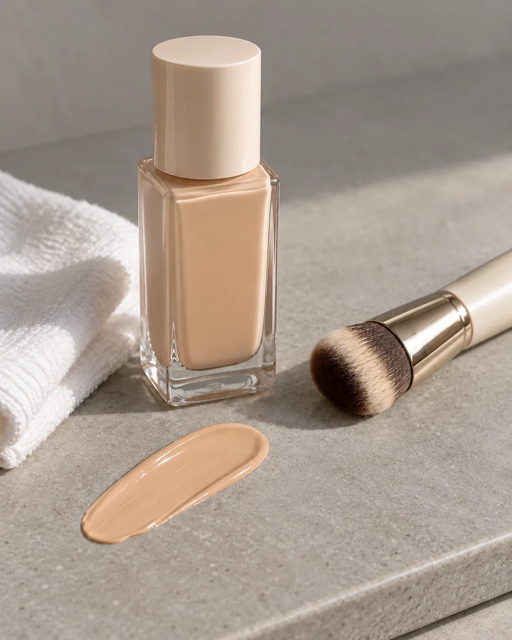 An unlabelled glass foundation bottle, clean makeup brush, white towel and one smooth beige foundation swatch on a grey counter.