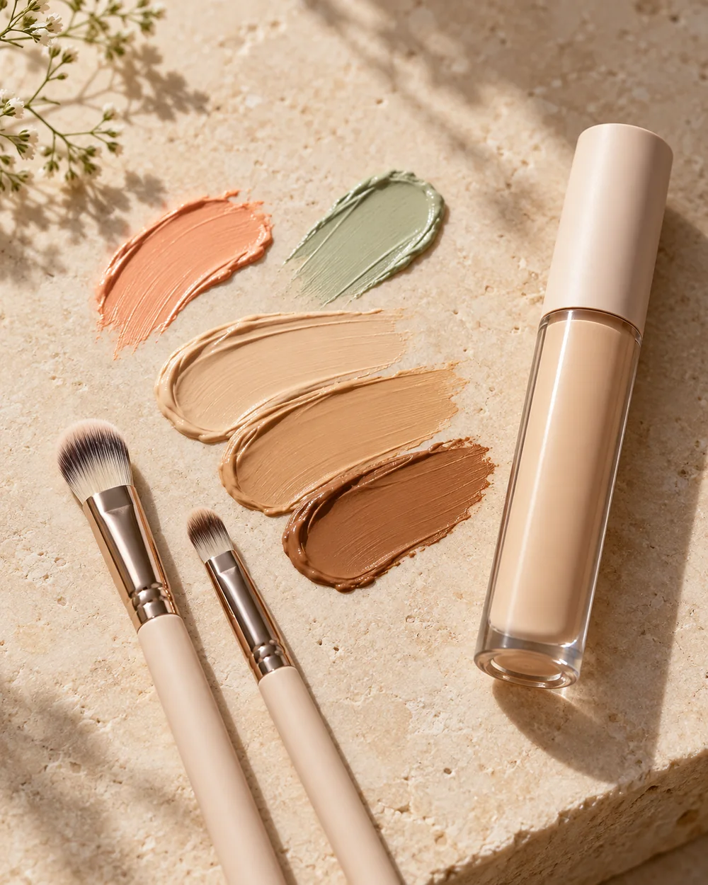 Peach, muted green and three skin-tone cream swatches beside clean small brushes and an unlabelled concealer tube.