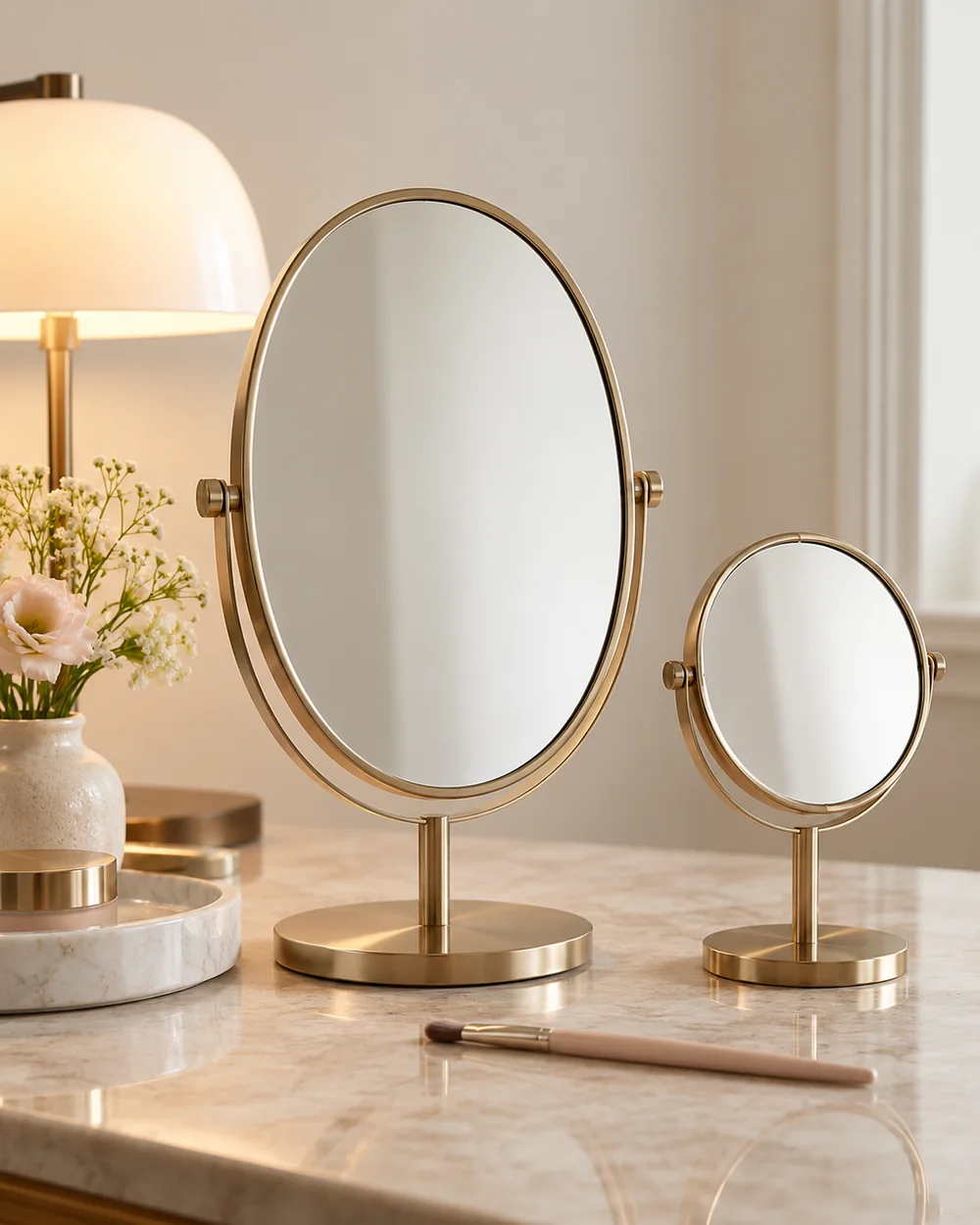 Large oval and smaller round tabletop mirrors, a soft task lamp and a lip brush on a dressing table.