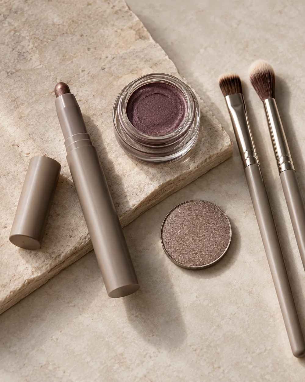 Taupe cream shadow stick, open plum cream pot, taupe powder pan and two clean eye brushes.
