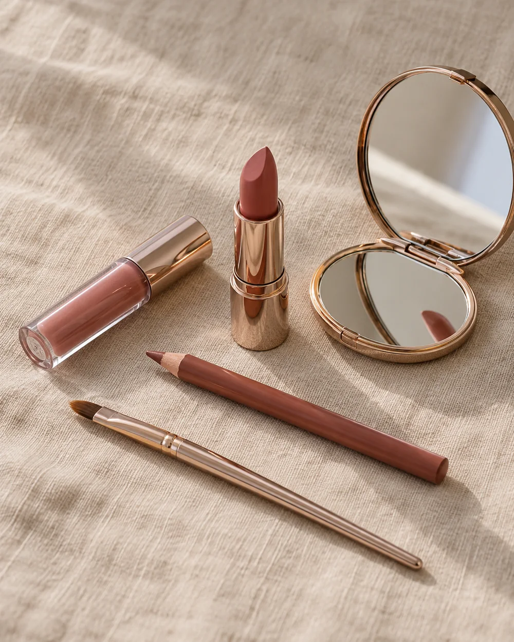 Lip brush, rose-brown pencil, rose lipstick, gloss and a compact mirror on beige linen.