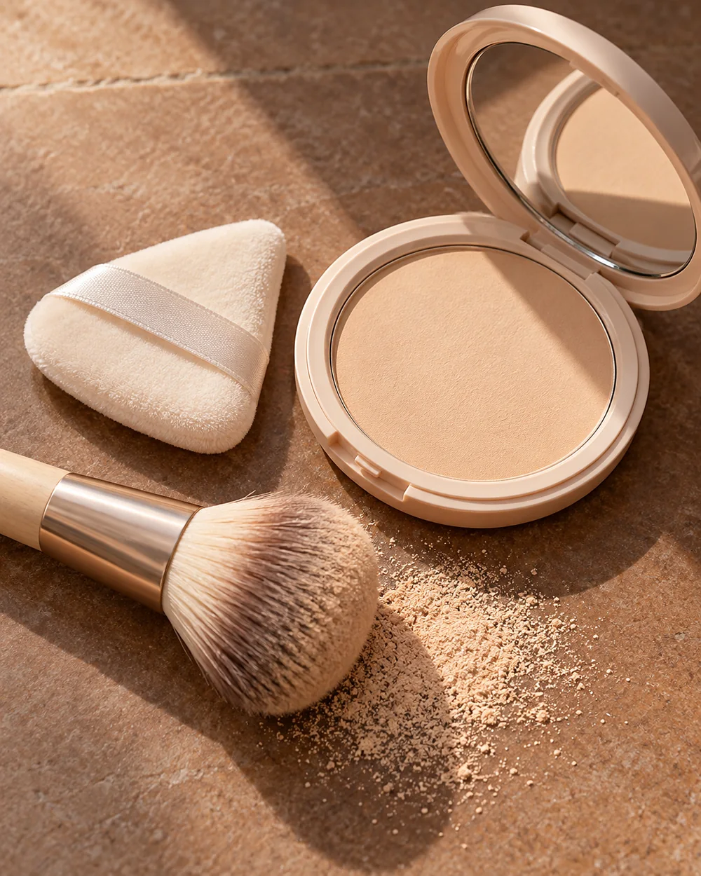 Small triangular powder puff, rounded powder brush and plain pressed-powder compact on a brown surface.