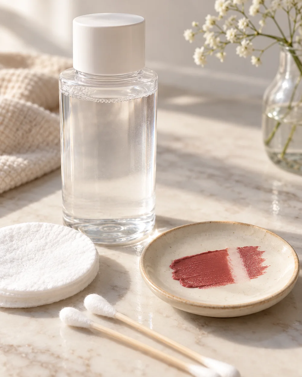 Plain remover bottle, cotton pads and buds beside a lipstick swatch with one narrow cleared section.