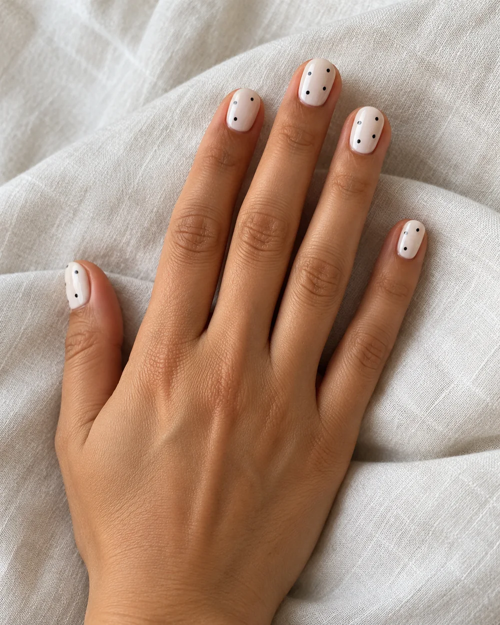 One adult hand with five short rounded white nails decorated with small black polka dots.