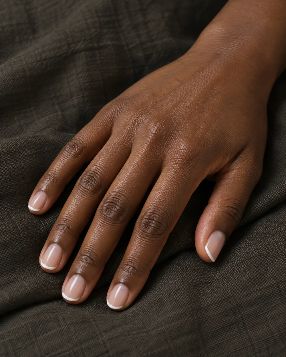 One deep-brown adult hand with five short rounded nails and narrow ivory French tips.