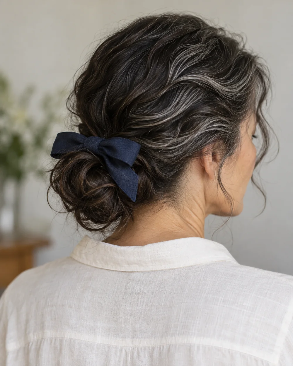 Rear three-quarter view of a fictional adult with silver-streaked dark hair in a relaxed low bun and a small navy bow.