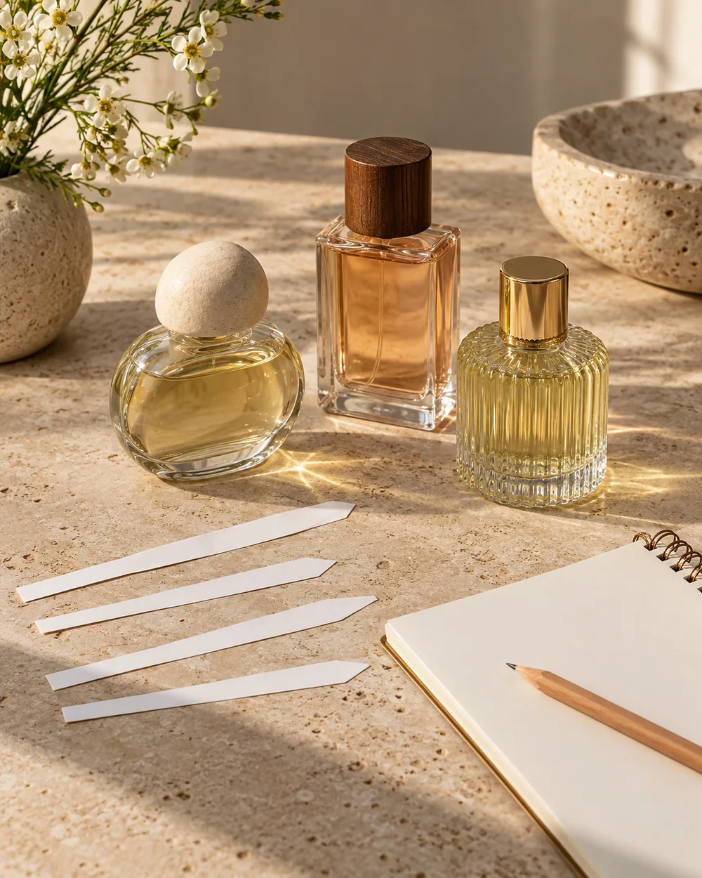 Three unlabelled fragrance bottles, four separate blank paper strips and an unwritten notebook.