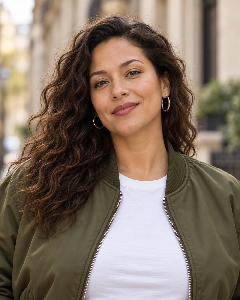 A fictional woman with medium warm brown skin and dark waves wearing a defined berry lip, soft taupe lids and silver hoops with an olive bomber and white top.