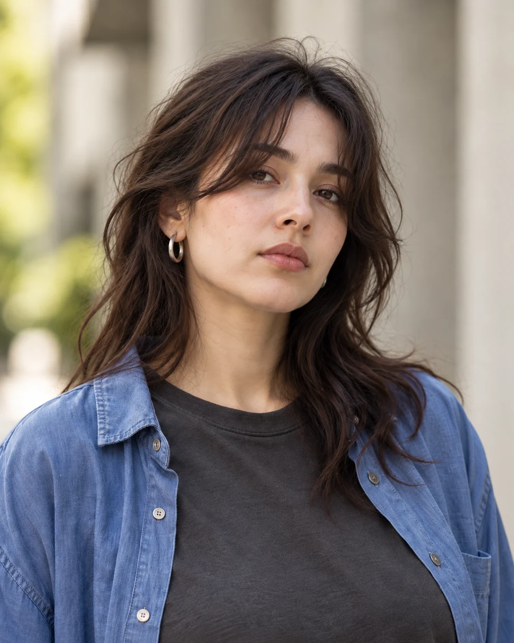 A fictional young woman with fair light skin and dark hair wearing a softly smudged brown upper-lash line and quiet rose-brown lips with a blue overshirt and charcoal tee.