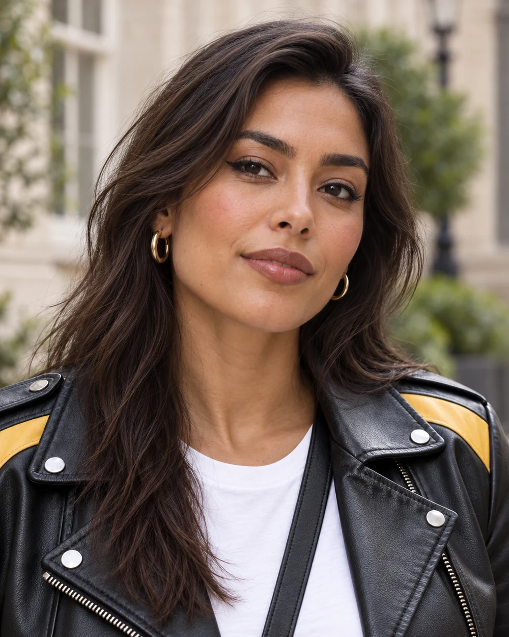A fictional woman with light-medium olive skin and dark hair wearing compact black upper-lash wings, muted warm blush and a rose-brown lip with a black-and-yellow moto jacket.