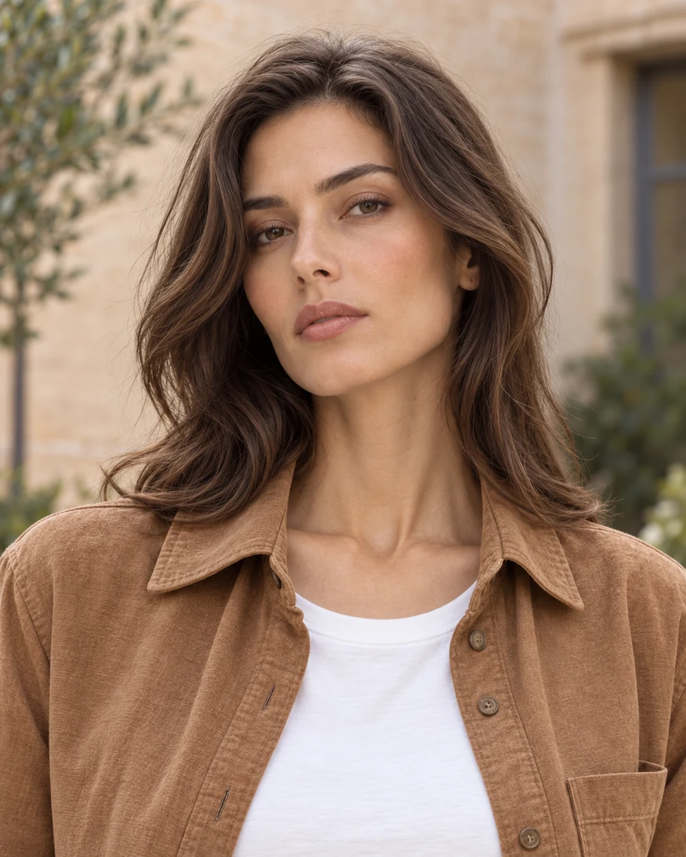 A fictional woman with light olive skin and brown waves wearing contained taupe lids, warm rose cheeks and a brown-rose lip with a tan overshirt and white top.