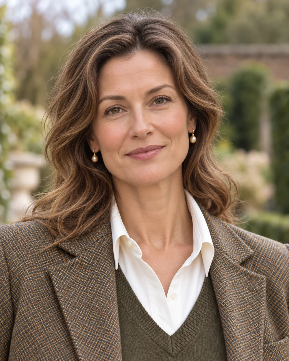 A fictional woman with fair light skin and brown waves wearing muted rose cheeks and lips and fine brown lash definition beside tweed, olive knit and ivory collar.