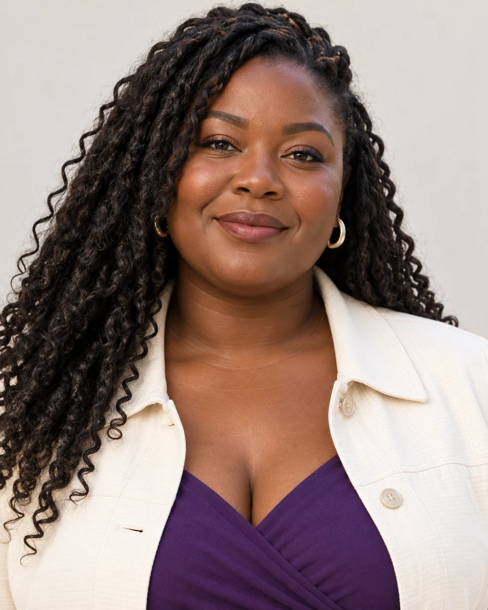 A fictional woman with deep warm brown skin, dark twists and full facial proportions wearing contained copper lids, narrow indigo lash accents and muted berry lips with ivory and purple.