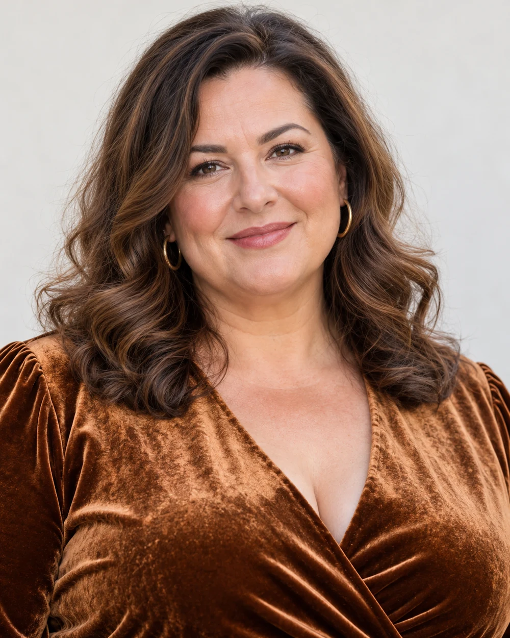 A fictional fair-skinned mature woman with brown waves and full facial proportions wearing contained bronze-brown lids, narrow brown lash definition and soft rose lips with bronze velvet.