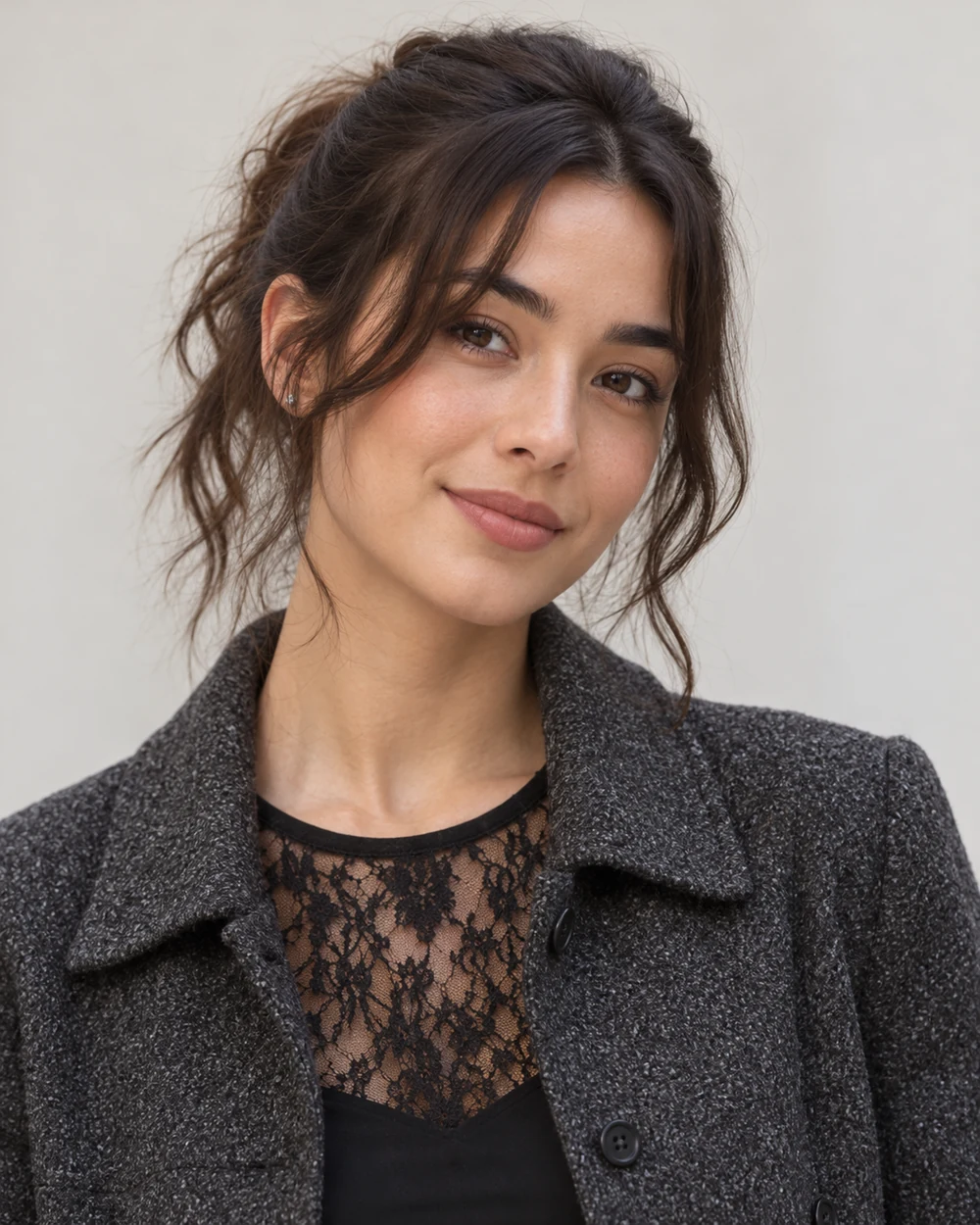 A fictional young adult woman with light-medium warm olive skin and dark hair wearing soft plum-brown lash definition, restrained taupe outer lids and muted mauve lips with charcoal and black lace.