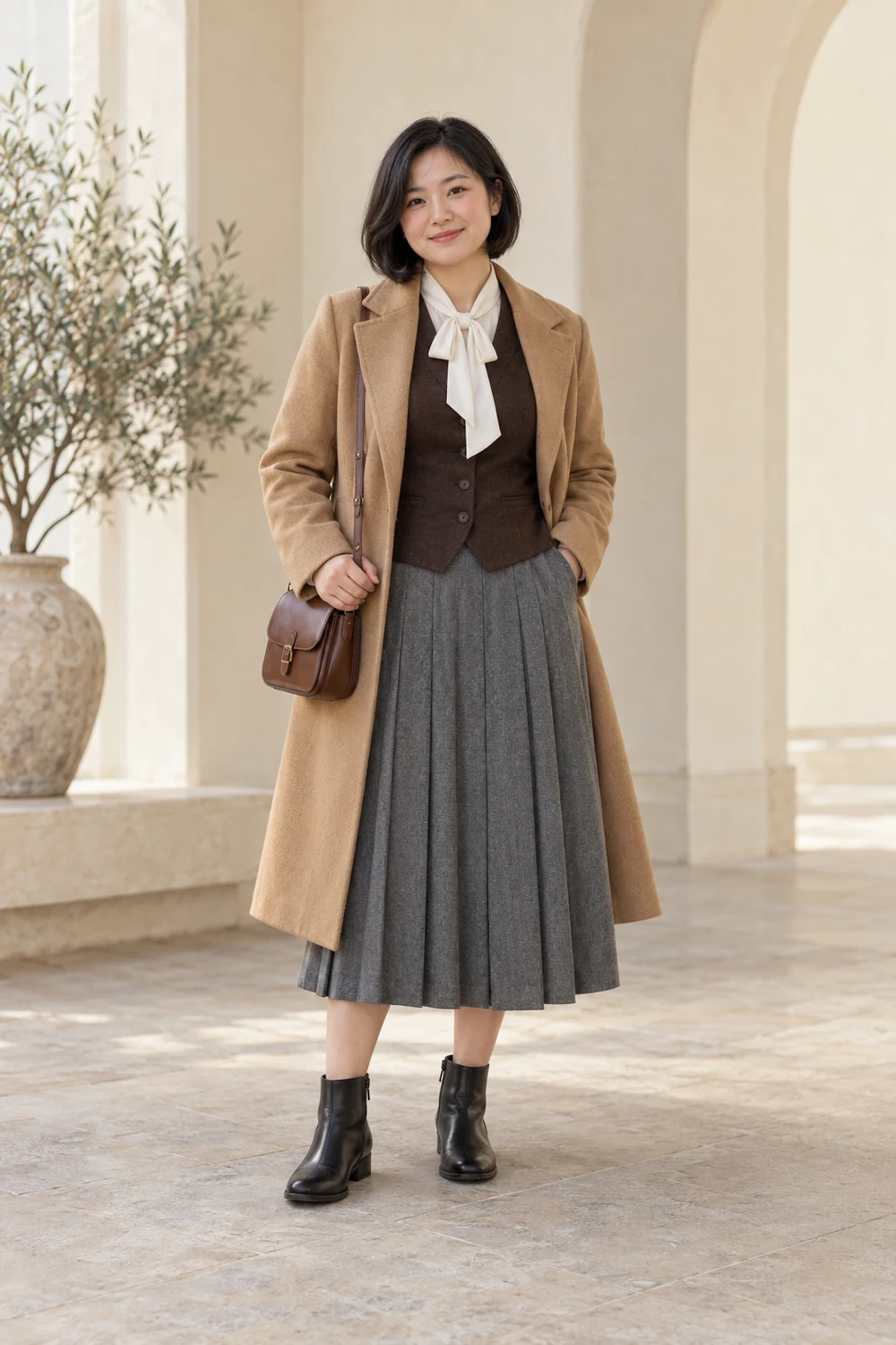 A fictional petite adult wearing an ivory tie-neck blouse, chocolate wool waistcoat, grey pleated midi skirt, tan knee-length coat worn open, flat black ankle boots and a small brown satchel.