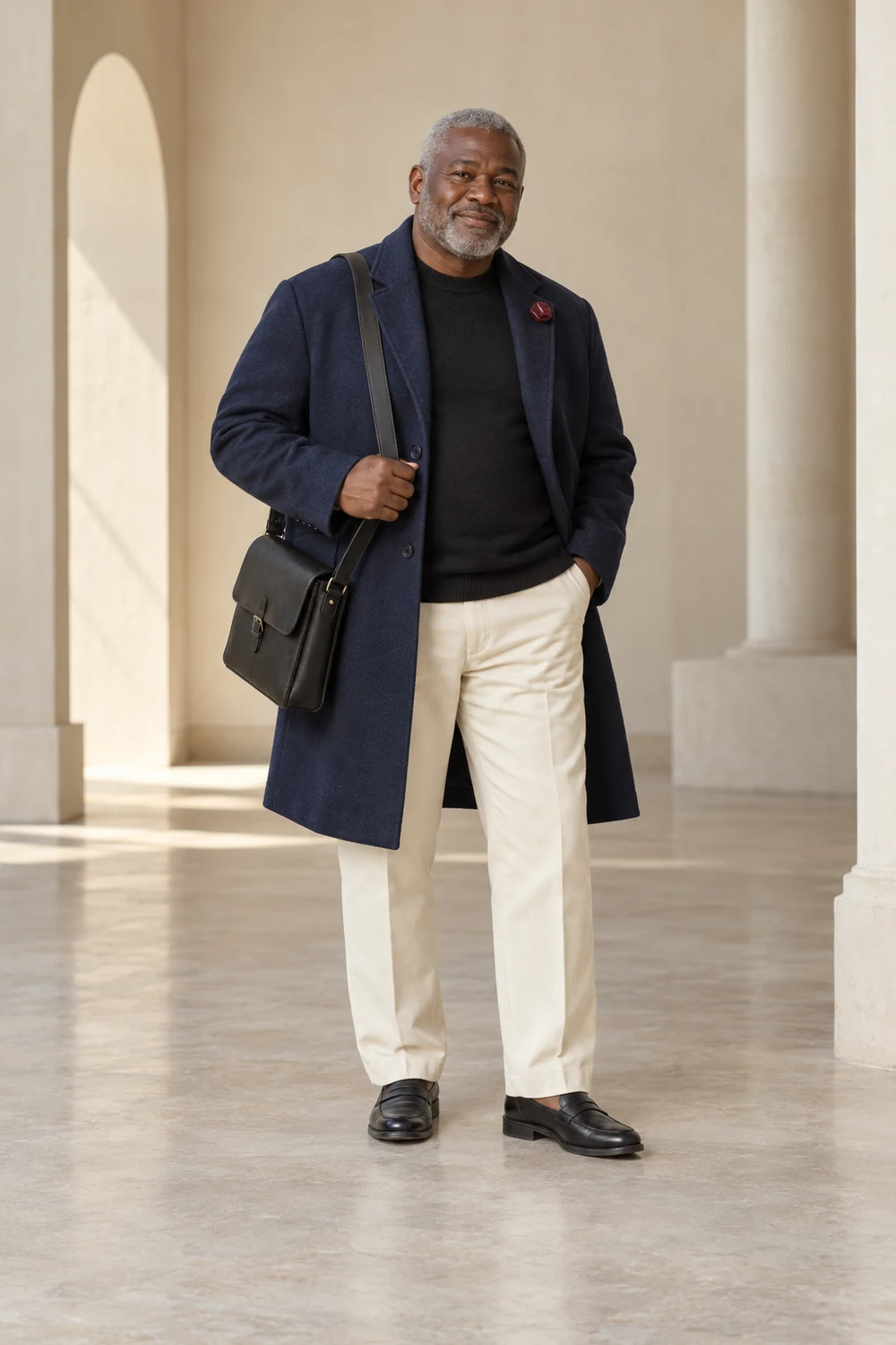 A fictional plus-size adult wearing a navy wool overcoat worn open, black crew-neck knit, cream straight trousers, black loafers, a small burgundy brooch pinned to the coat lapel and a black messenger bag.