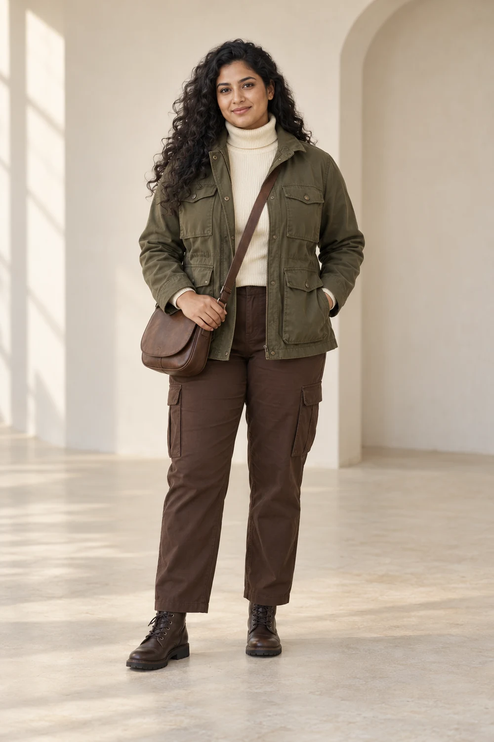 A fictional adult wearing an olive field jacket with useful patch pockets, cream roll-neck, chocolate straight cargo trousers, dark-brown lace-up ankle boots and a plain brown crossbody bag.