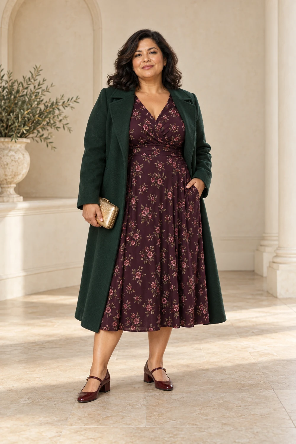 A fictional plus-size adult wearing a deep-plum midi dress with small muted pink and green floral print, a dark-green long coat worn open, burgundy low block-heel Mary Jane shoes and a small gold clutch.