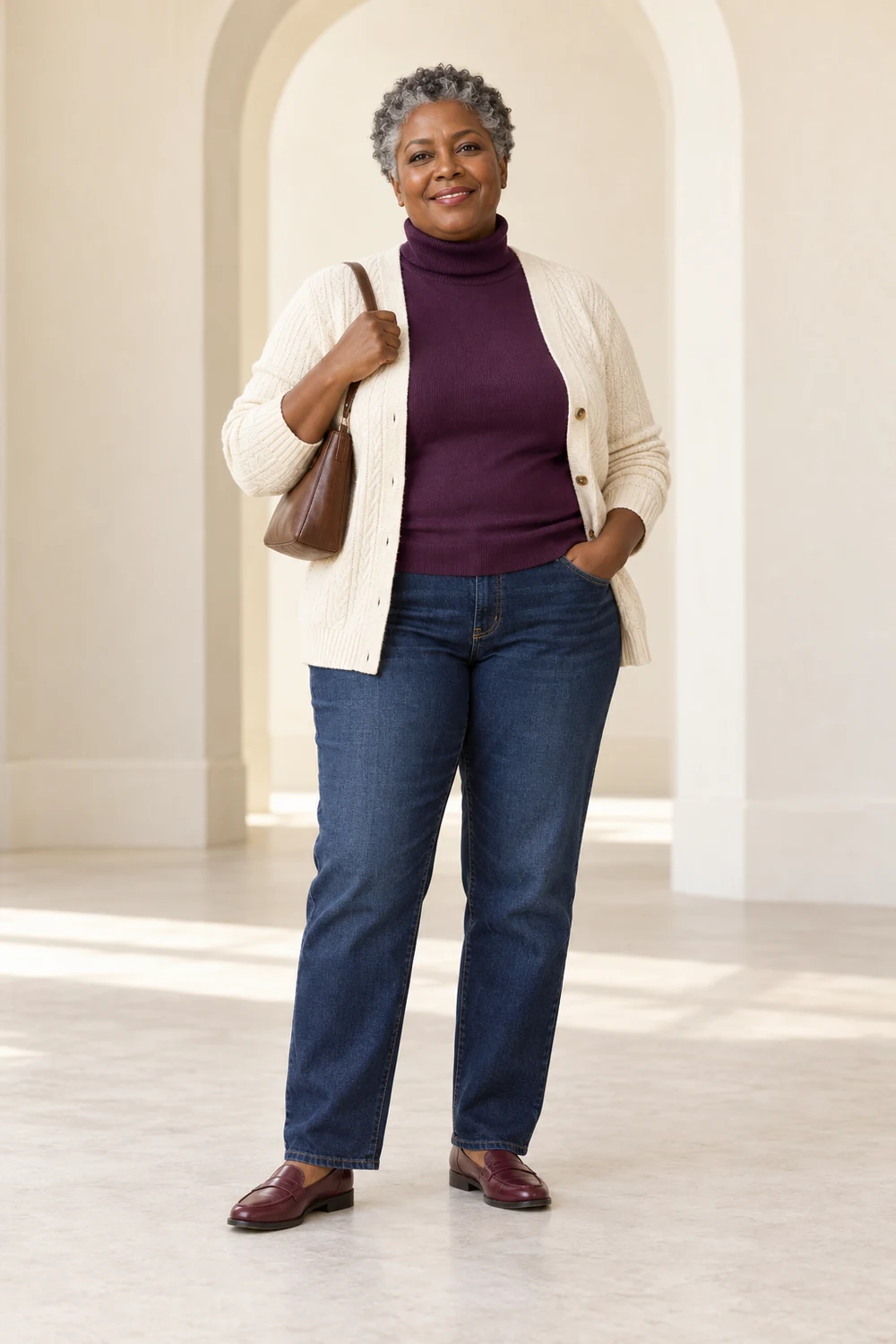 A fictional plus-size adult wearing a fine plum roll-neck, cream button cardigan worn open, indigo straight jeans, burgundy low loafers and a small brown shoulder bag.