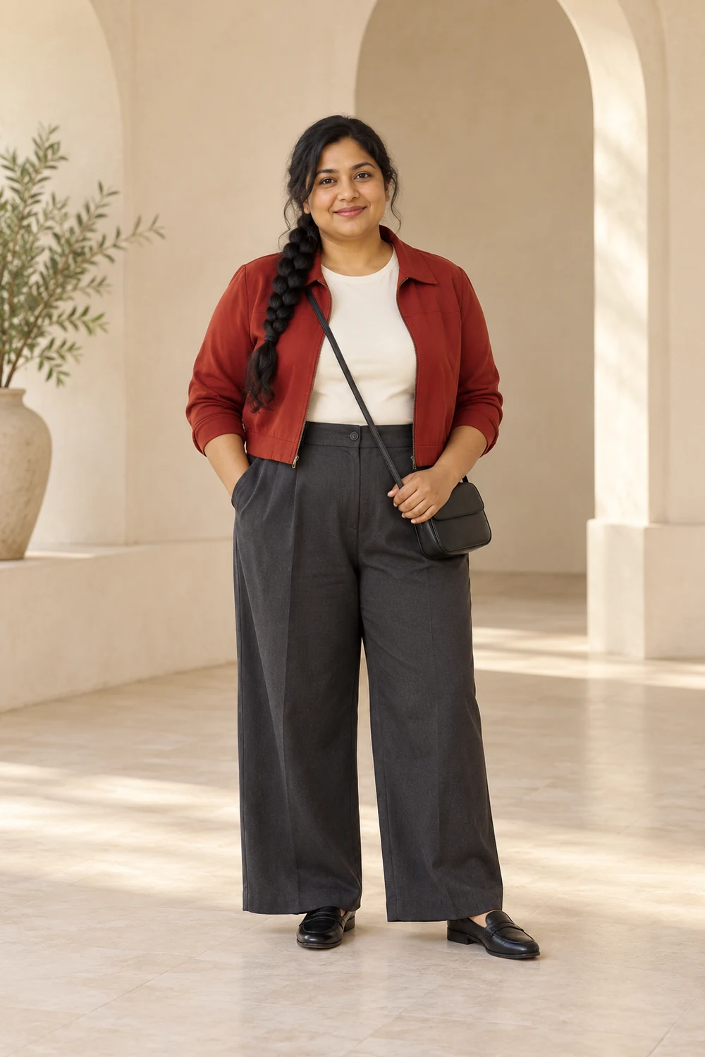 A fictional petite plus-size adult wearing a cropped brick-red jacket worn open, plain ivory crew-neck top, charcoal high-rise wide-leg trousers, black flat loafers and a small black crossbody bag.