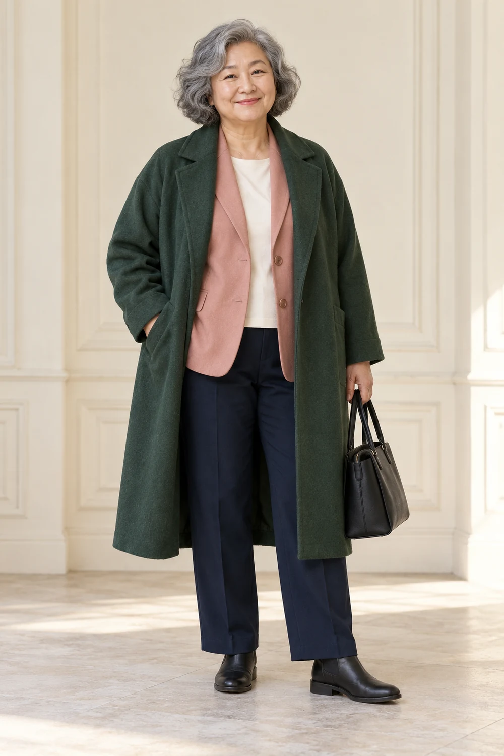 A fictional plus-size adult wearing a roomy bottle-green long coat worn open over a dusty-pink blazer and plain cream shell, navy straight trousers, black flat ankle boots and a structured black bag.