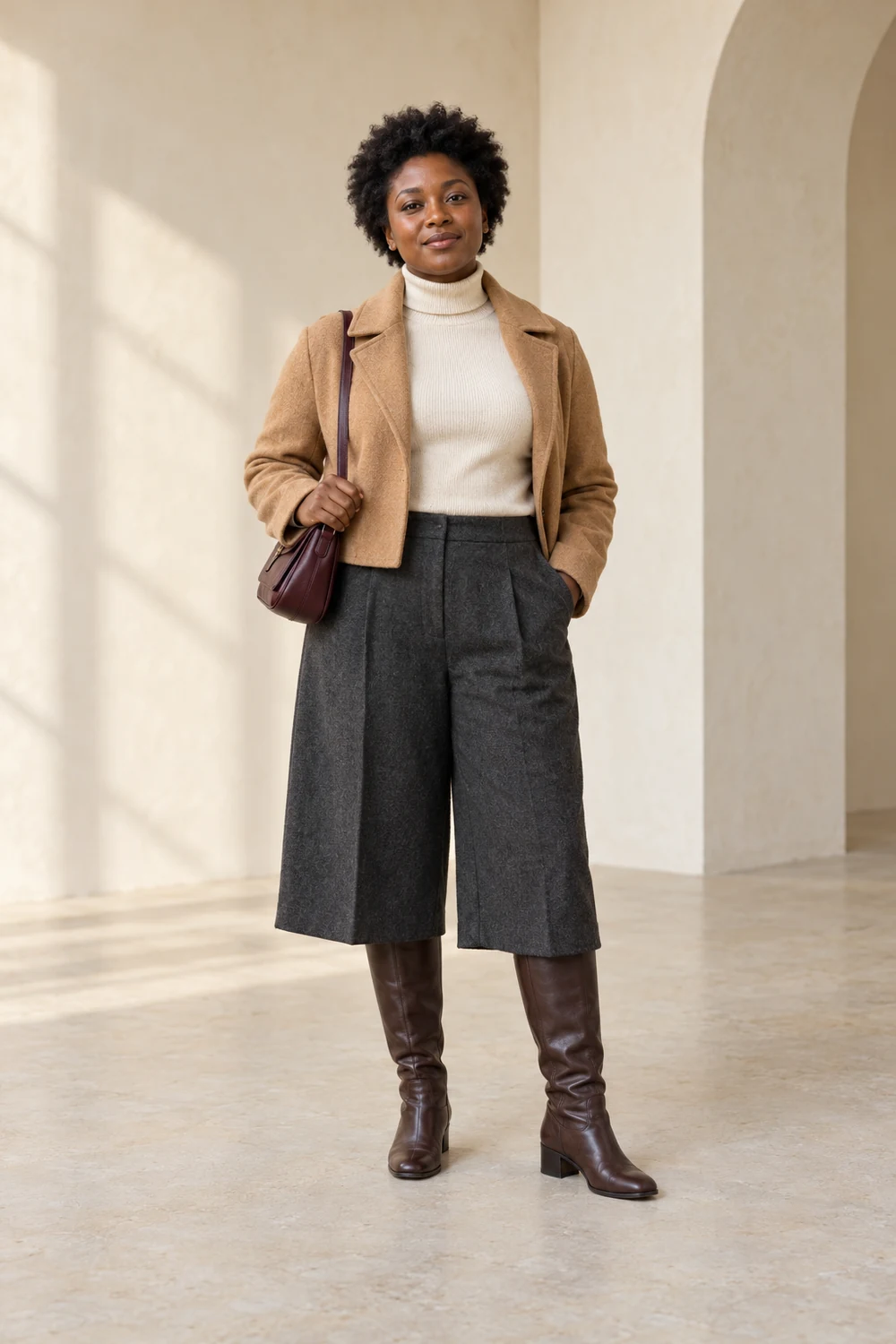 A fictional petite adult wearing charcoal wool culottes ending below the knee, dark-brown knee-high boots with block heels, a cream fine roll-neck, cropped camel jacket worn open and a small burgundy bag.