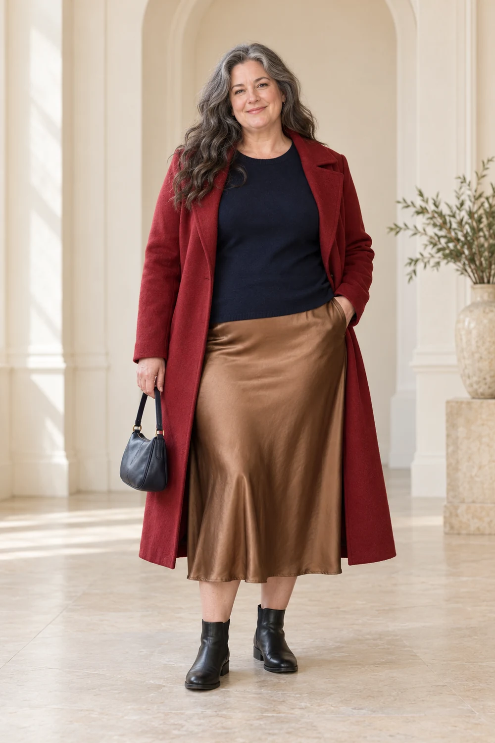 A fictional plus-size adult wearing a bronze satin midi skirt, navy fine crew-neck knit worn untucked, a deep-red long coat worn open, black flat ankle boots and a small navy bag.