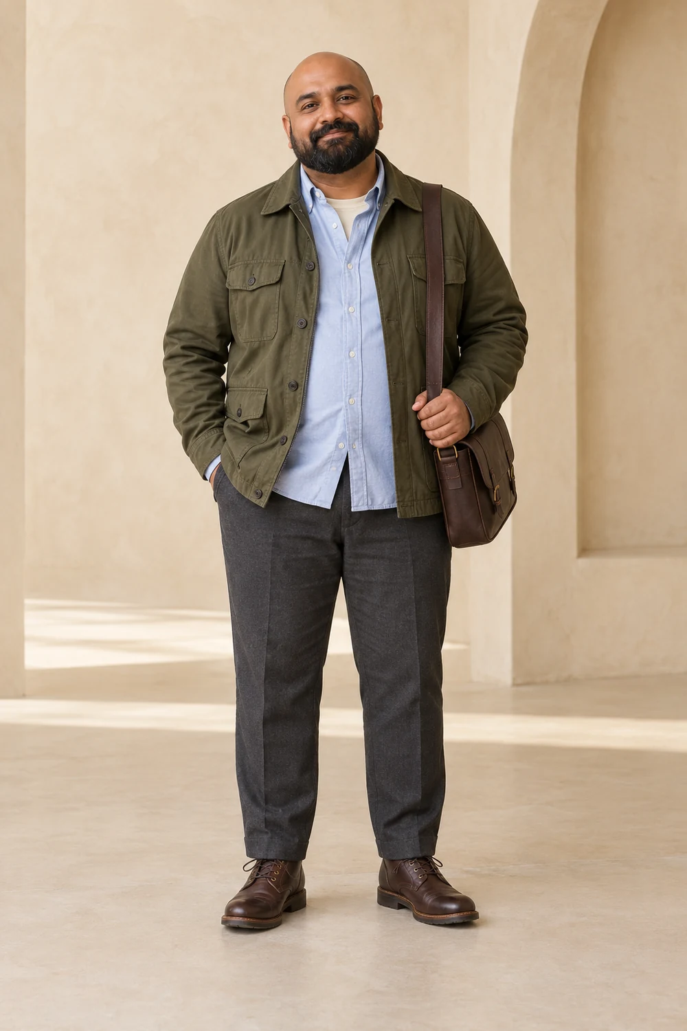 A fictional plus-size adult wearing an olive field jacket, pale-blue Oxford shirt over a thin cream tee, charcoal straight trousers, dark-brown lace-up ankle boots and a simple dark-brown messenger bag.