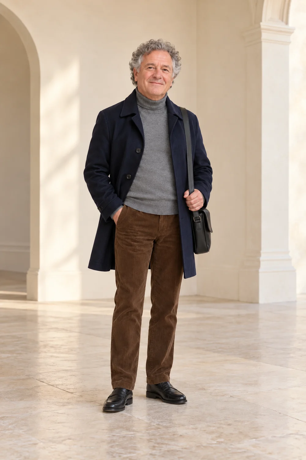 A fictional petite adult wearing a navy mid-thigh car coat worn open, grey fine roll-neck, brown corduroy straight trousers, black loafers and a small black messenger bag.