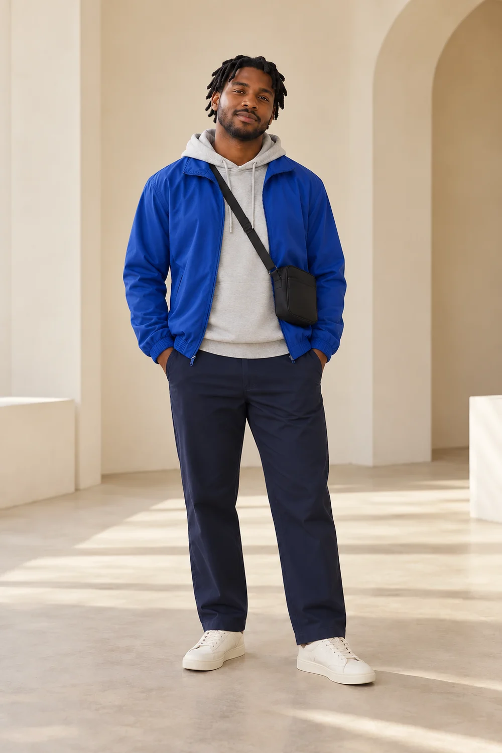 A fictional adult wearing a cobalt-blue zip windbreaker worn open over a light-grey hoodie, navy straight trousers, cream low trainers and a small black crossbody bag.