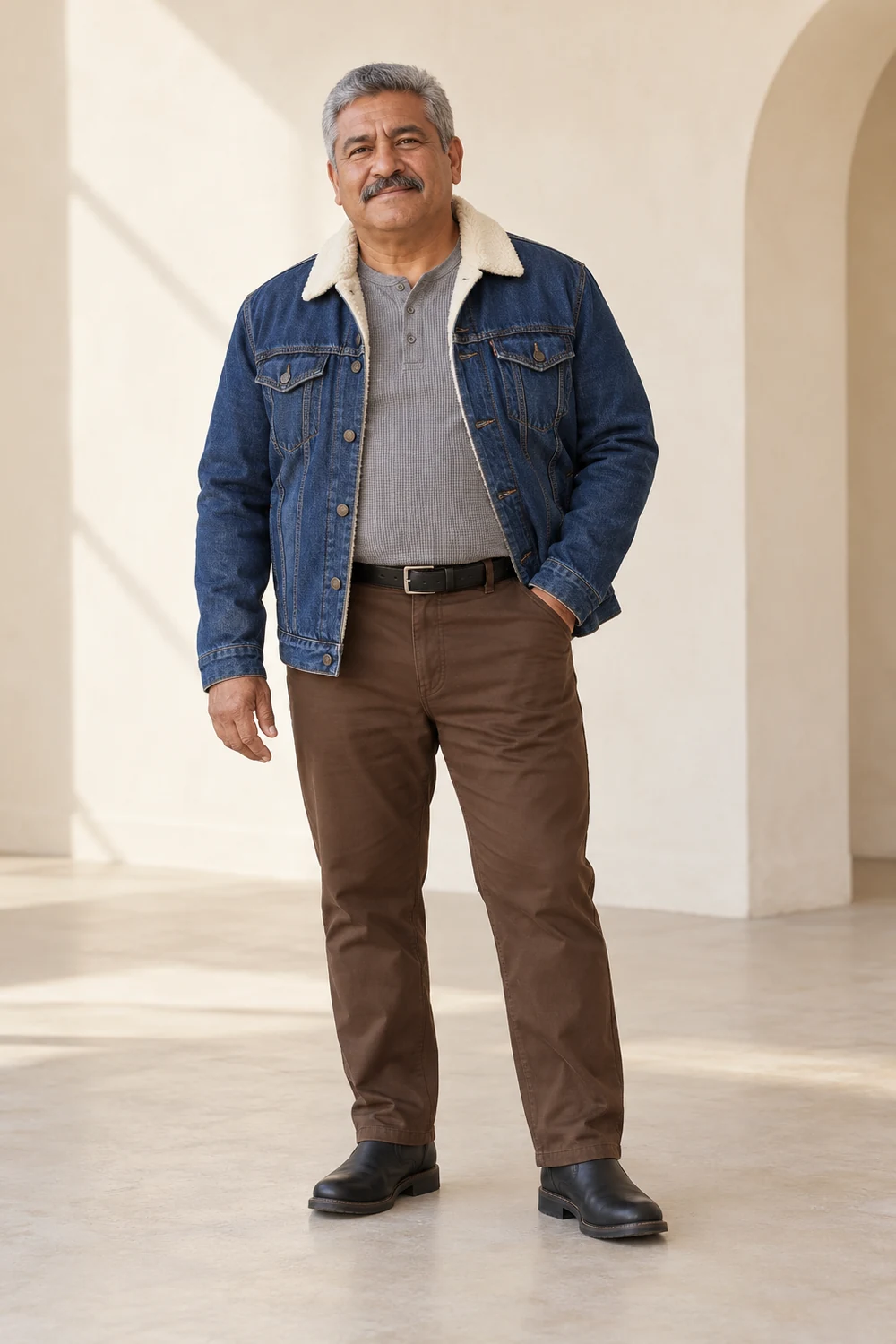 A fictional plus-size adult wearing an indigo denim trucker jacket with a cream faux-shearling collar worn open, grey waffle-knit henley, chocolate straight chinos, black ankle boots and a plain black belt.