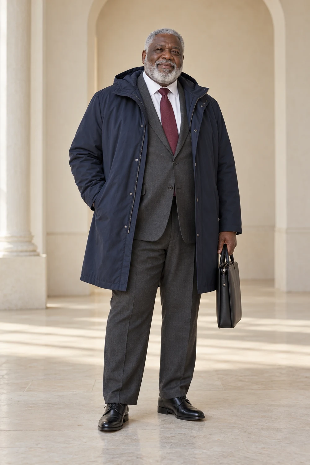 A fictional plus-size adult wearing a plain navy parka worn open over a charcoal suit, white shirt and burgundy tie, black Derby shoes and a slim black briefcase.