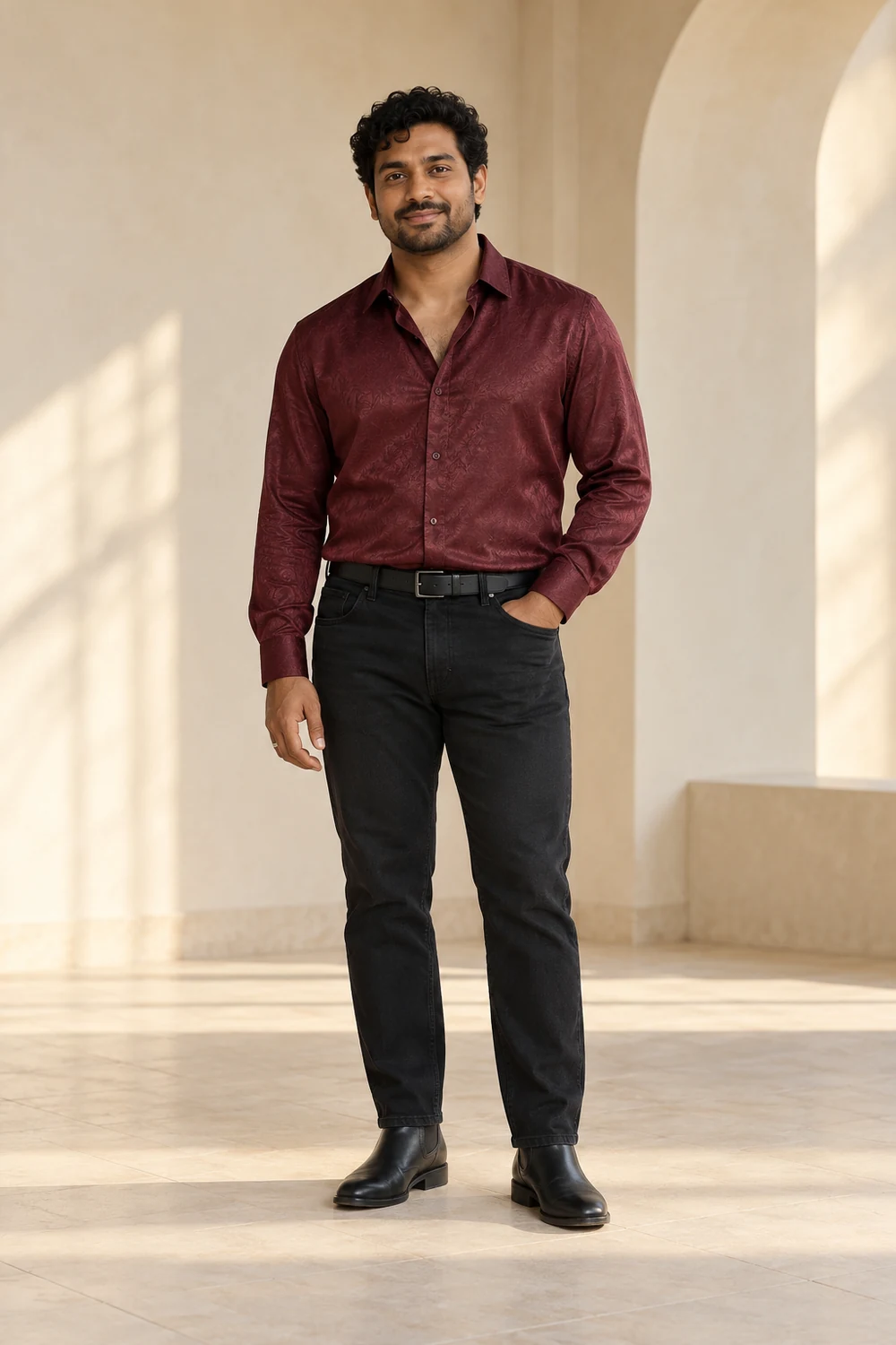 A fictional adult wearing an opaque burgundy textured satin long-sleeve shirt with the neck comfortably open, black straight jeans, black Chelsea boots, a plain black belt and a small silver ring.