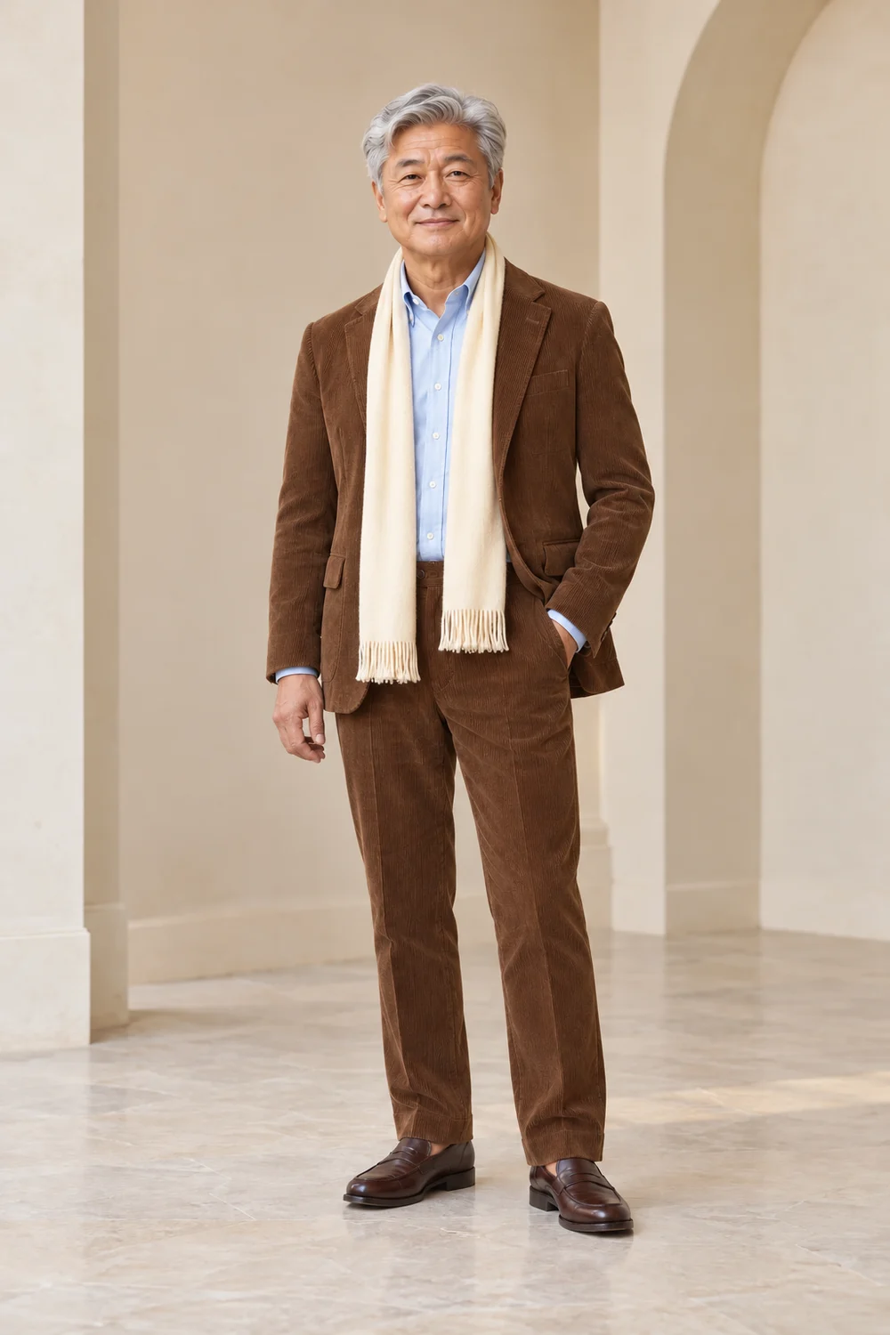 A fictional petite adult wearing a warm-brown corduroy blazer and matching straight trousers, pale-blue Oxford shirt, dark-brown loafers and a plain cream scarf.