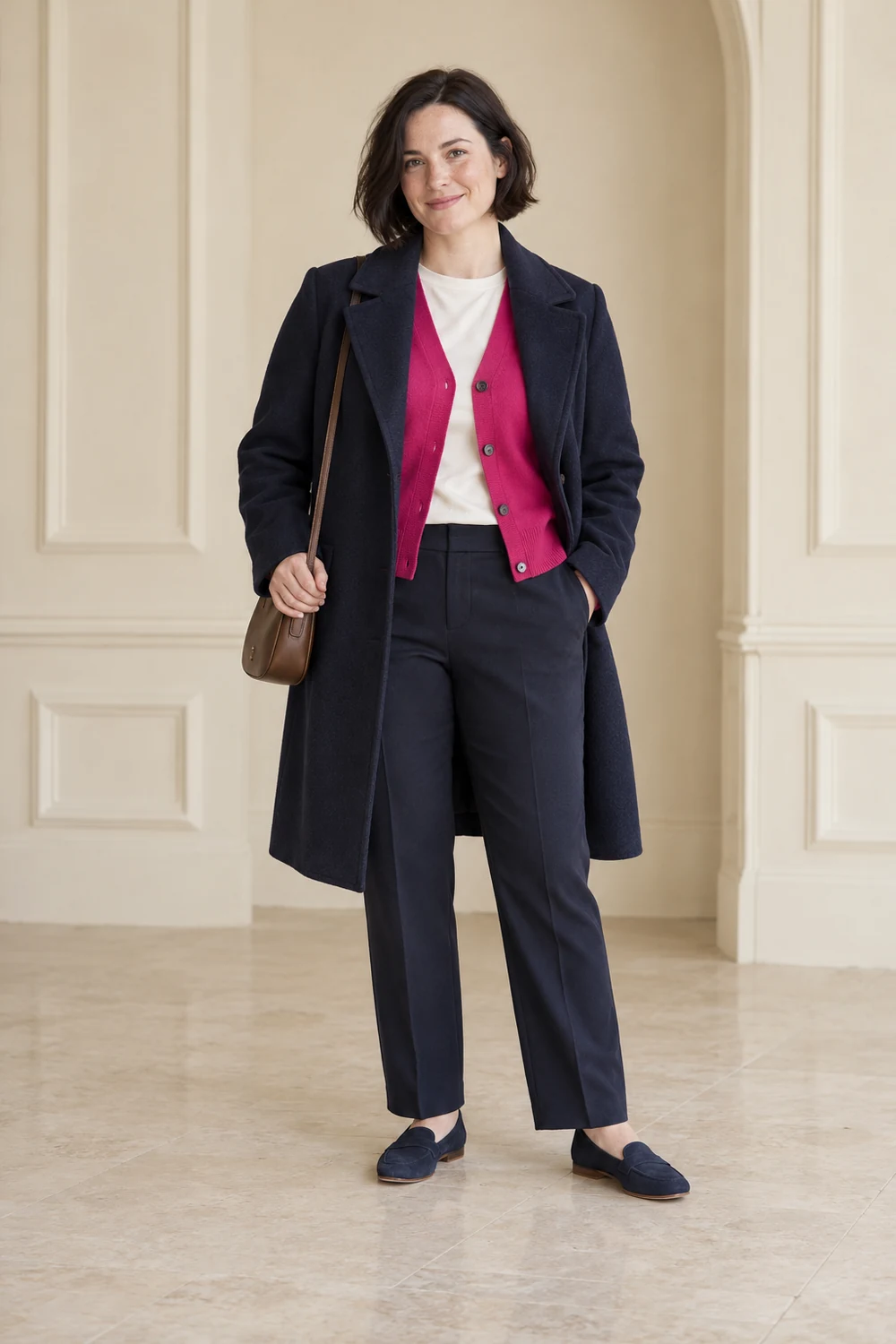 A fictional adult wearing a navy wool coat worn open, fuchsia cardigan over a plain ivory tee, navy straight trousers, navy flat loafers and a small brown bag.