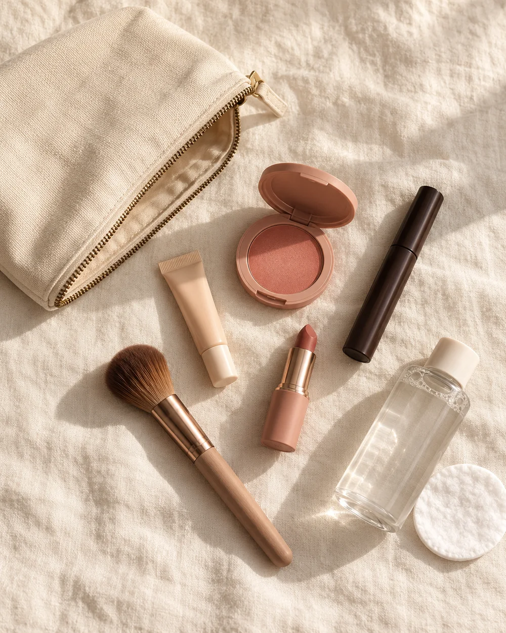 A compact makeup kit with concealer, blush, mascara, lipstick, a brush, remover and a cream pouch.
