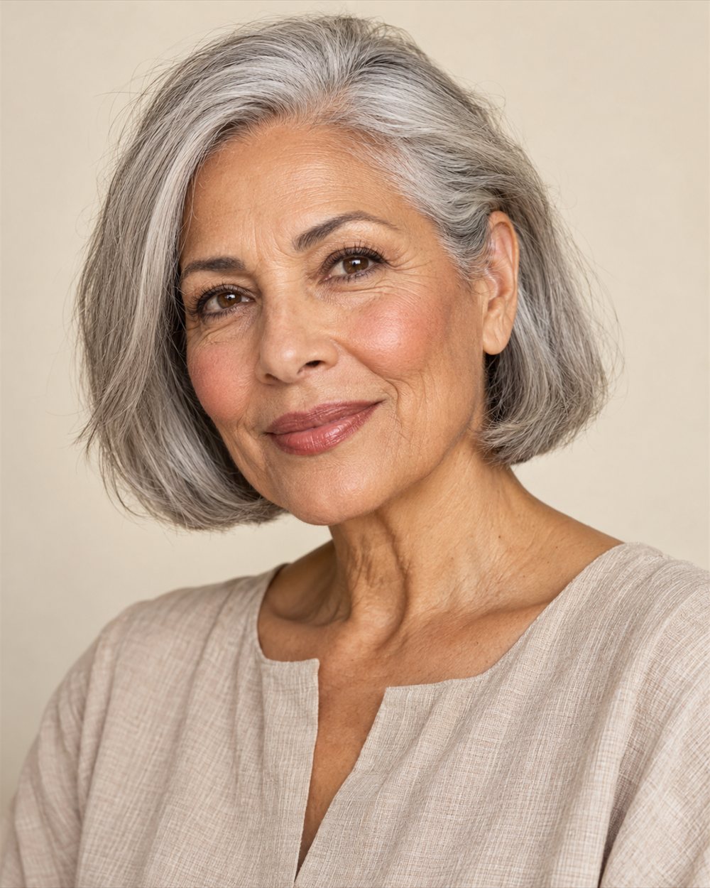 A mature woman with an olive complexion and silver bob wearing softly defined brown lashes, muted rose cheeks and satin rose-brown lips.