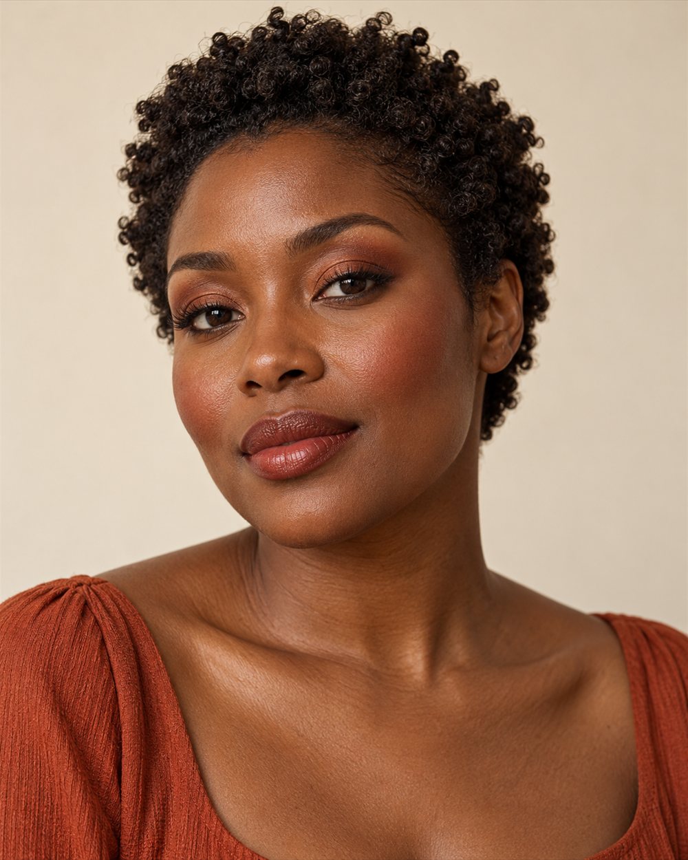A woman with deep brown skin and short natural curls wearing red-brown cheek colour, a brick-brown lip and a small copper eye accent.