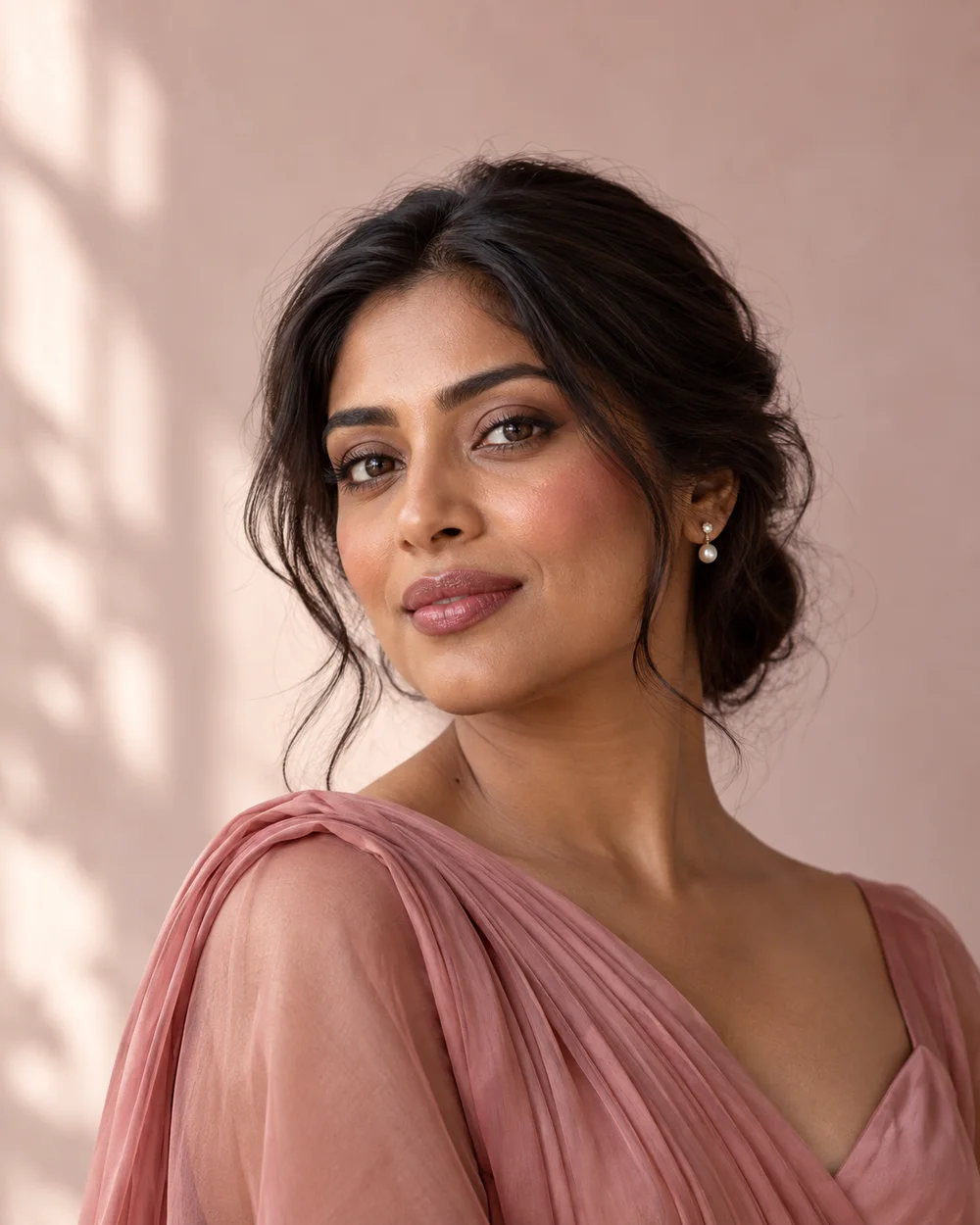 A woman with medium-deep brown skin, rose cheeks and lips, pearl earrings and a dusty rose dress.