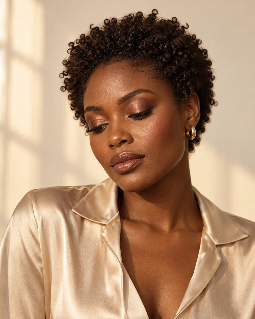A woman with deep brown skin and short curls wearing copper-bronze eyelids and a muted brown lip.